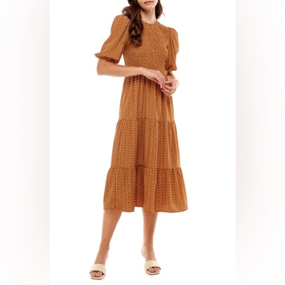 WAYF CAMDEN SMOCKED MIDI DRESS IN BROWN FOULARD